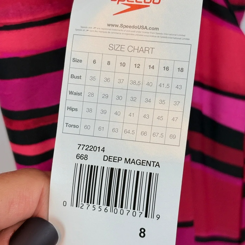Speedo Women One Piece Swimsuit Hot Pink Magenta Striped Double Strap  Sz 8 $88